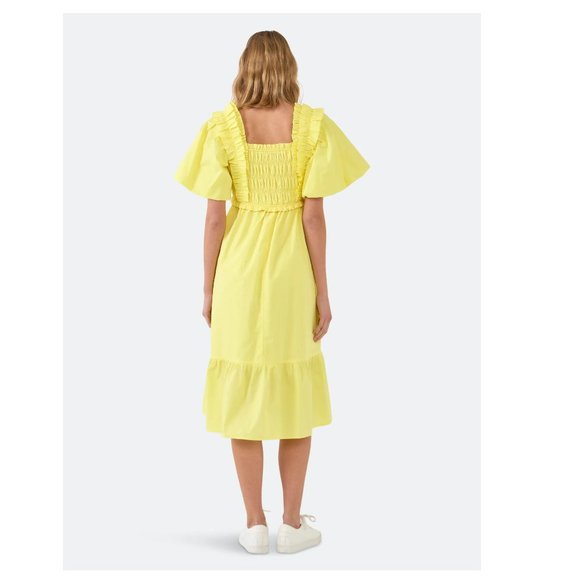 English Factory Ruffled Smocked 100% Cotton Midi Dress Yellow Puff Sleeve XS NWT - Picture 9 of 11